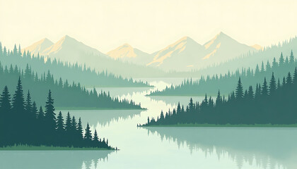 Mountain Lake Landscape with Forest and Reflection