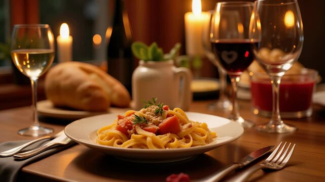 Romantic Dinner Table Setting - Pasta Dish with Wine Glasses and Candlelight for Restaurant Promotions and Culinary Experiences