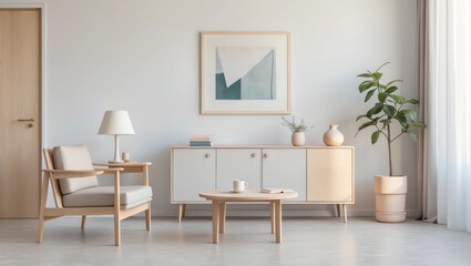 Desk lamp on a small table and a simple, wooden cabinet in an empty living room interior with white wall and place for a sofa. Real photo 