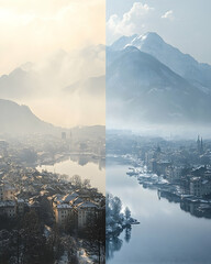 Obraz premium Winter cityscape with contrasting light and color palettes.