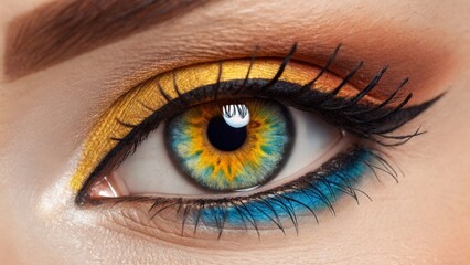 Obraz premium Vivid Yellow Blue Eye Makeup Closeup Portrait, Dramatic Colorful Eyeliner Eyeshadow Macro, Glamorous Female Eye with Vibrant Colors