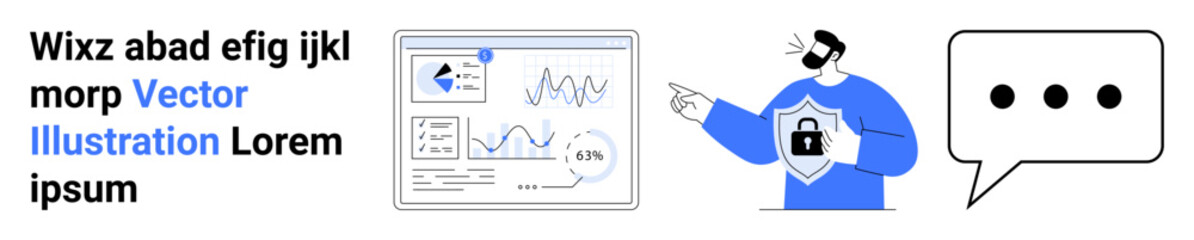 Analytical dashboard with graphs and charts next to a person holding a shield representing security, and a chat bubble. Ideal for data protection, online financial tools, cybersecurity, personal