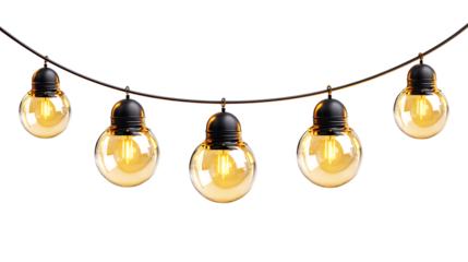String of five decorative light bulbs with black tops hanging against a transparent background