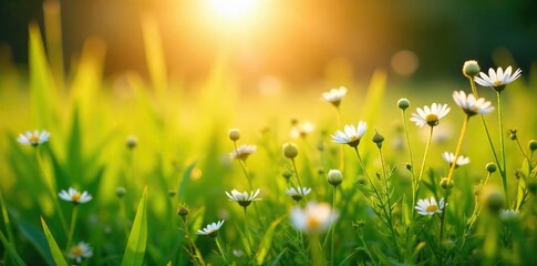 Golden hour sunlight bathes a lush green field of wildflowers swaying gently in a summer breeze Perfect for idyllic summer, nature, or rural themes , calm, pattern