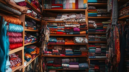 A Colorful Textile Emporium: A vibrant collection of fabrics and yarns neatly organized on wooden shelves, showcasing a diverse range of colors, patterns, and textures.