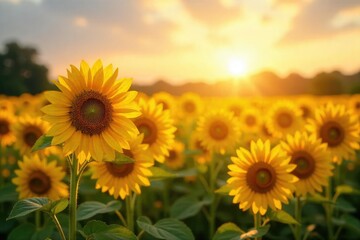Obraz premium Golden hour sunlight bathes a field of vibrant yellow sunflowers, creating a breathtaking scene of natural beauty and warm tones Perfect for summer, nature, and agriculture themes , uplifting, bloom