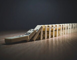 Single domino falling and triggering long chain reaction across wooden desk, symbolizing cause and effect, momentum, and impact of small actions in dramatic moment