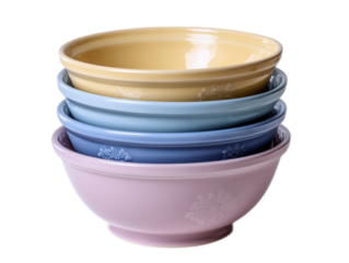 A neat stack of ceramic bowls in pastel hues, featuring intricate floral designs and a smooth finish