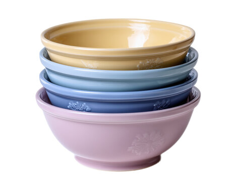 A neat stack of ceramic bowls in pastel hues, featuring intricate floral designs and a smooth finish
