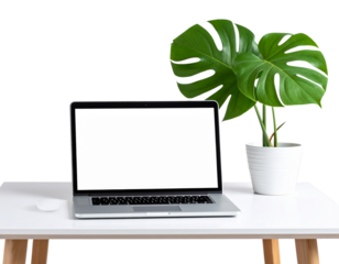 Clean Home Office Desk with Laptop and Monstera Plant, Transparent Background