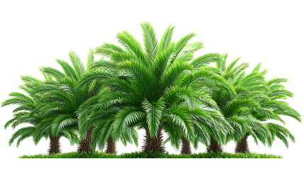 Group of green palm trees with grass on transparent background