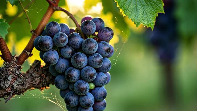 Fresh bunch of dark ripe grapes on the vine