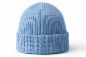 A light blue wool beanie cap rests in front of a plain white background