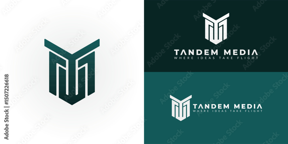 Poster the unique logo design with the initials tm within a modern geometric crest. designed for the techno