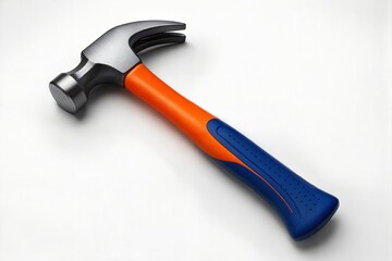 A modern shiny steel hammer rests diagonally against a clean, bright white background