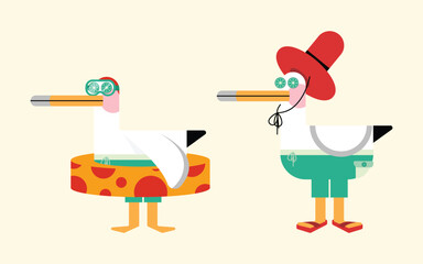 Set of Seagulls on Holiday Wearing Pool Float, Swimming Goggles, Swimming Cap, a Hat, Sandals, and Swimming Trunks on an Isolated Background.