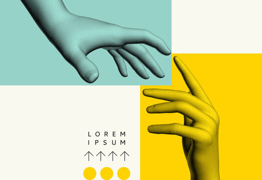 Hands reaching towards each other. Concept of human relation, togetherness or  partnership. 3D vector illustration. Design for banner, flyer, poster, cover or brochure.