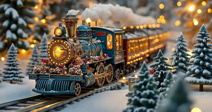 A miniature Christmas train travels through a snowy landscape, adorned with festive lights and decorations.