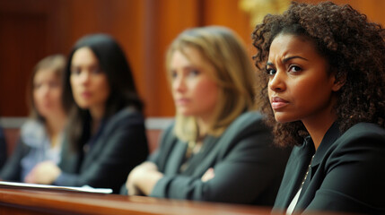 An attentive woman with curly hair, amidst a row of people, gazes intently in a meeting or conference. Her expression conveys focused concentration.