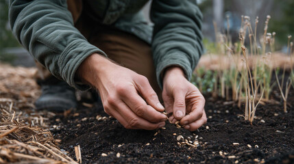 Hands planting diverse seeds in rich soil as part of regenerative farming practice. Promoting sustainable agriculture, soil health, biodiversity, and organic food systems.