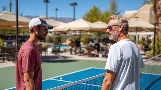 Two men talking on a sunny pickleball court near a resort, wearing casual athletic wear, with umbrellas, palm trees, and a poolside lounge area in the background. Summer outdoor leisure scene. - Powered by Adobe
