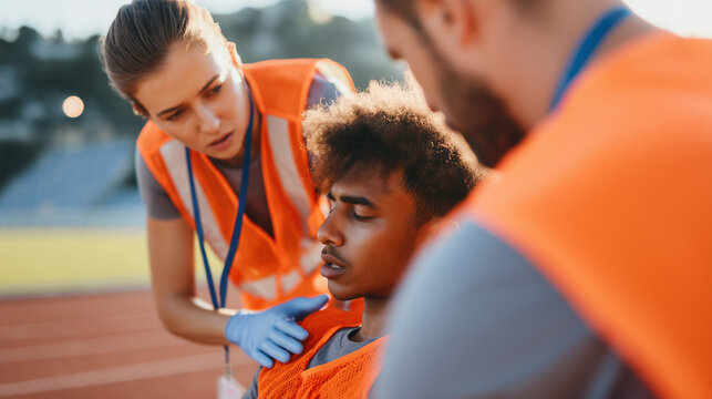 Medical staff assist dehydrated athlete suffering from heat exhaustion during summer sports training. Emergency care on track field, rehydration and safety response under hot sun. - Powered by Adobe