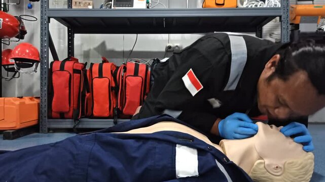 Person, hands or dummy with CPR for first aid training or class at emergency healthcare practice on floor. Closeup, trainer or paramedic with mannequin for life saving lesson or rescue practical