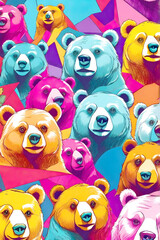 Naklejka premium A vibrant, pop-art style collage of bear heads in various bright colors including pink, blue, yellow, and orange, creating a bold and eye-catching pattern