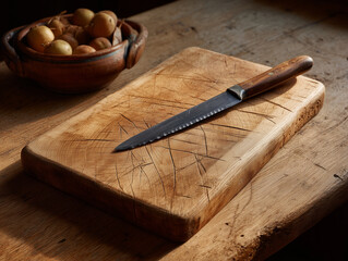 A well-worn wooden cutting board, bearing the marks of culinary endeavors, lies in a sunlit kitchen, with a sharp knife and bowl of potatoes.