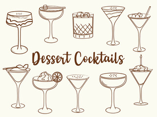 Hand drawn dessert cocktail illustrations. Vector line art of summer refreshing alcoholic beverages. Doodle style cocktail glasses for bar, menu, and party design.