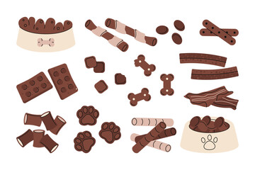 Dog treat food. Cartoon puppy biscuits and bones, cute flat doggy snacks, pet canine wet and dry eating, playful chewing treats for animals feed nutrition. Vector isolated set