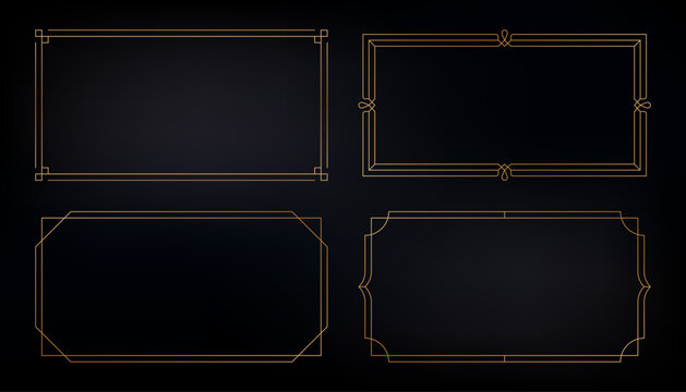 Golden art deco frames. Vintage elegant borders with decorative geometric elements, gold retro wedding invitation card design. Vector frame collection