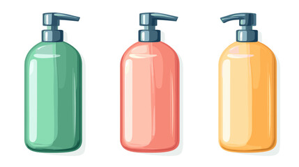 Isometric Pixel Art of Three Pump Bottles in Green Coral and Orange on White Background