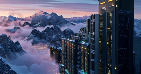 High-angle static shot: Servers on a mountaintop with a city below, shrouded in clouds and fog at sunset. - Powered by Adobe