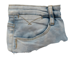 Piece of torn denim on a white background. Denim texture
