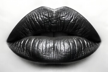 Closeup shot features black shiny lips revealing detailed texture against bright white background