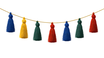 Colorful decorative tassels hanging on a gold string against transparent background