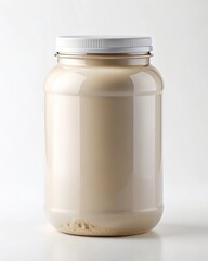 Large Plastic Jar with Beige Powder or Cream Perfect for Supplements, Protein, or Other Products