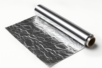 Shiny aluminum foil roll partially unfurled displays a crumpled texture, positioned against a plain white backdrop