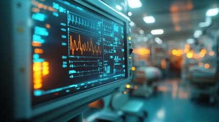 Life saving medical monitor displaying vital signs in a critical care unit glows with teal hues and