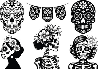 Day of the Dead Silhouettes, Traditional Mexican Festival Clipart SVG Bundle. Día de los Muertos SVG, Sugar Skulls, Catrinas Skeletons, Mexican Day of the Dead, Mexican Holiday, La Catrina & Calavera.