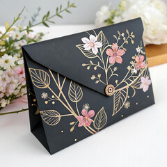 Stylish dark card envelope with a stunning gold botanical motif and realistic pink flower embellishments.