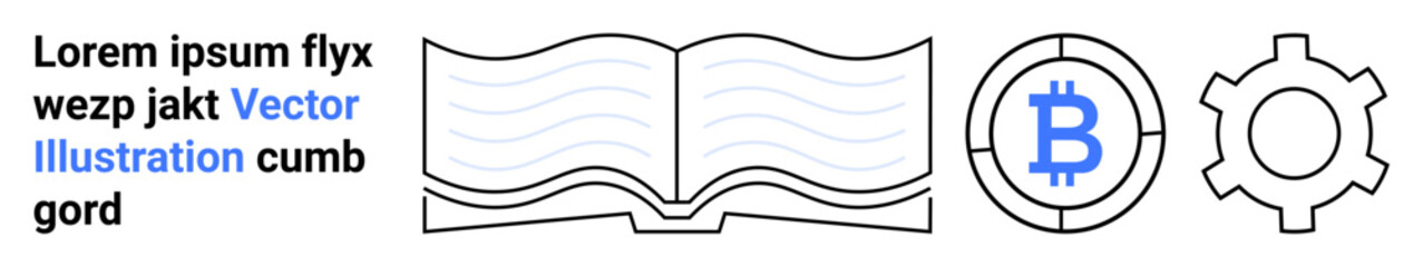 Open book with soft lines, Bitcoin symbol enclosed in a circle, and gear icon. Ideal for education, blockchain, technology, cryptocurrency, innovation, knowledge sharing and a simple landing page