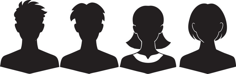 A collection of avatar silhouettes featuring a variety of hairstyles. Perfect for profile icons, branding, barbershop logos, and printable vector designs.