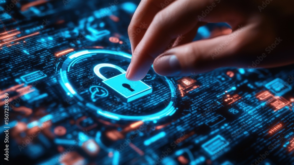 Poster close-up of a hand interacting with a futuristic cybersecurity interface with a padlock icon, concep