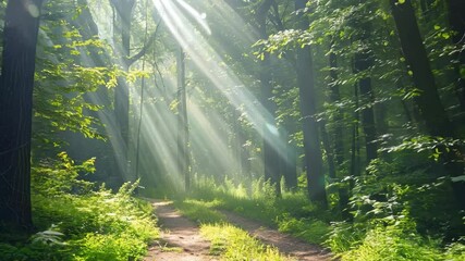 Walking through calm morning forest path bathed in sunlight through tall trees, beautiful nature scene video. Green foliage and glowing rays. - Powered by Adobe