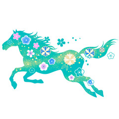 午年　美しい馬と花のイラスト	和柄