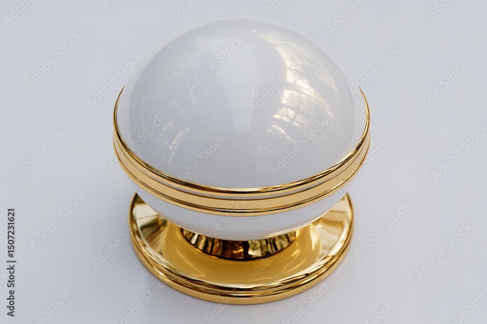 Poster decorative white and gold orb displayed on a smooth surface in an elegant setting with soft reflecti