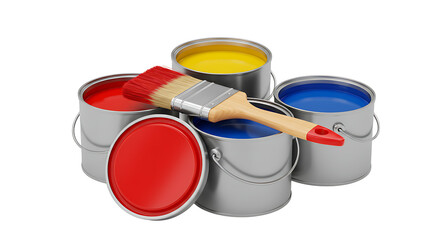 Paint cans with brush red yellow blue primary colors