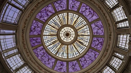 Fototapeta premium Purple floral design on a circular glass dome ceiling with a view of the sky